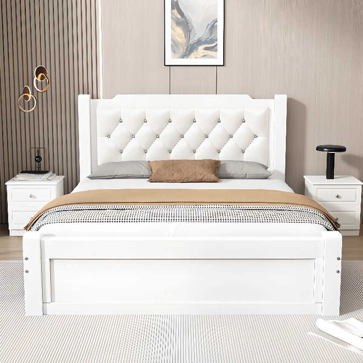 White Upholstered Headboard Tufted Queen Panel Bed Image - 1