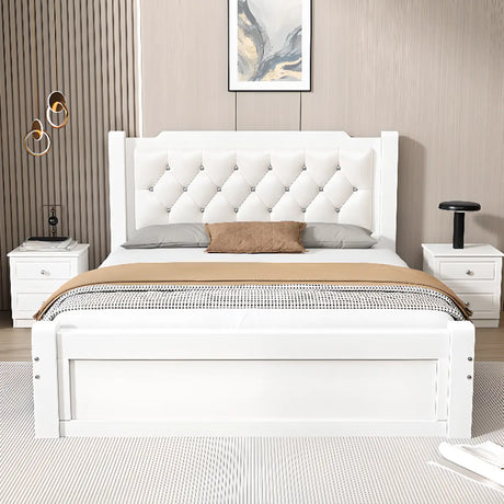 White Upholstered Headboard Tufted Queen Panel Bed Image - 1