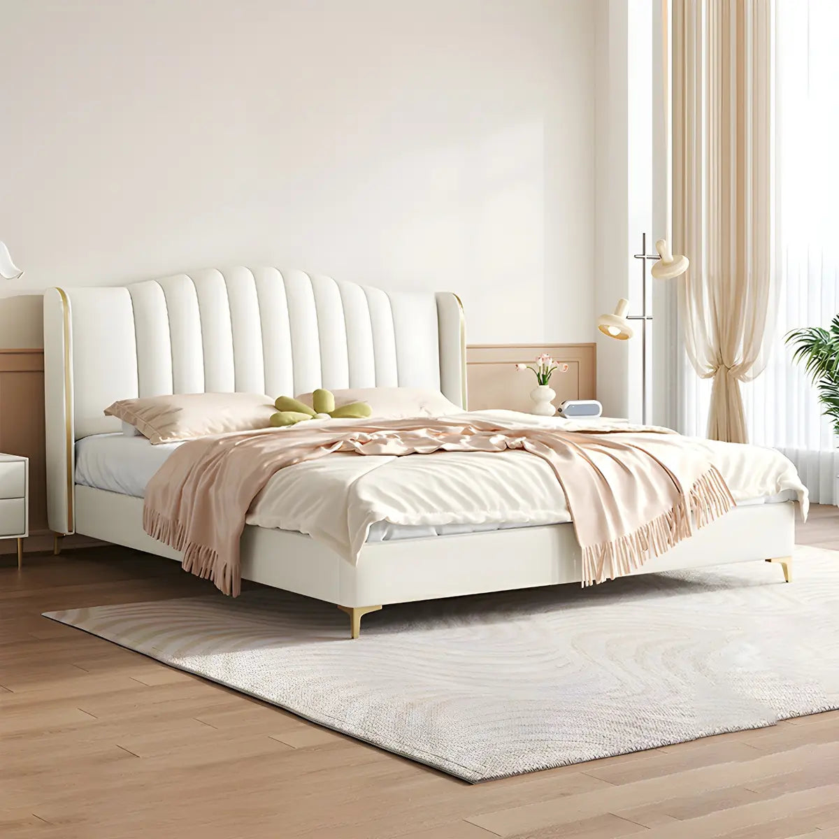 White Upholstered Headboard Wingback Bed with Storage Image - 1