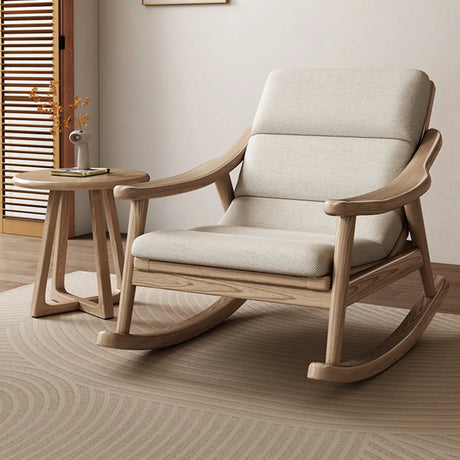 White Upholstered Natural Wood Track Arms Rocking Chair Image - 1