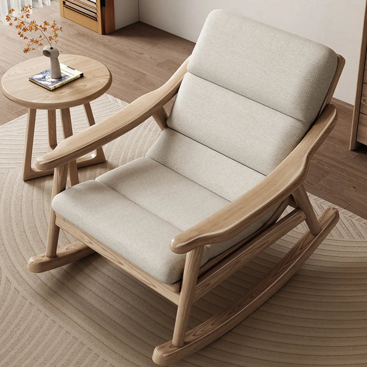 White Upholstered Natural Wood Track Arms Rocking Chair Image - 6