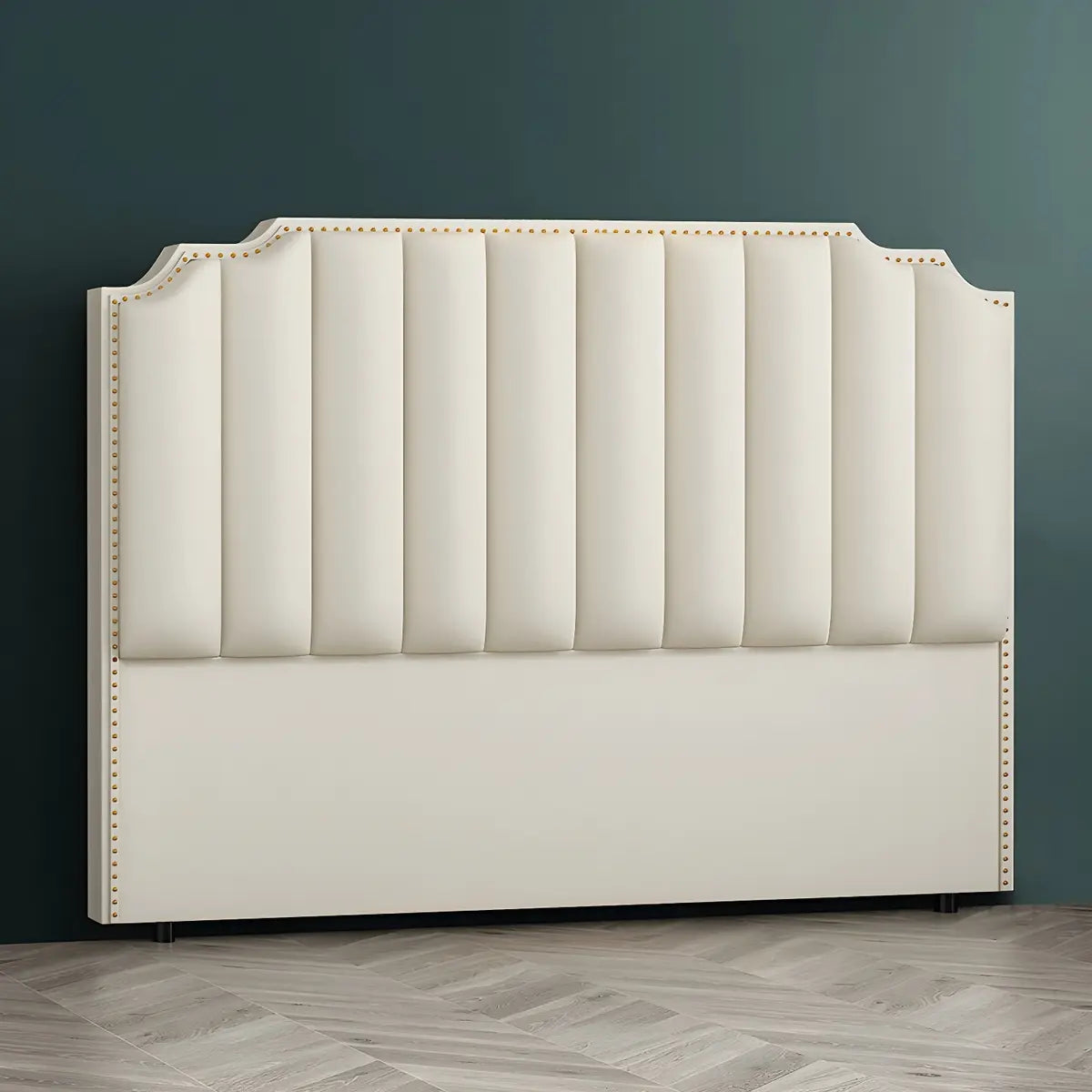 White Upholstered Stepped Headboard with Nailhead Trim Image - 2