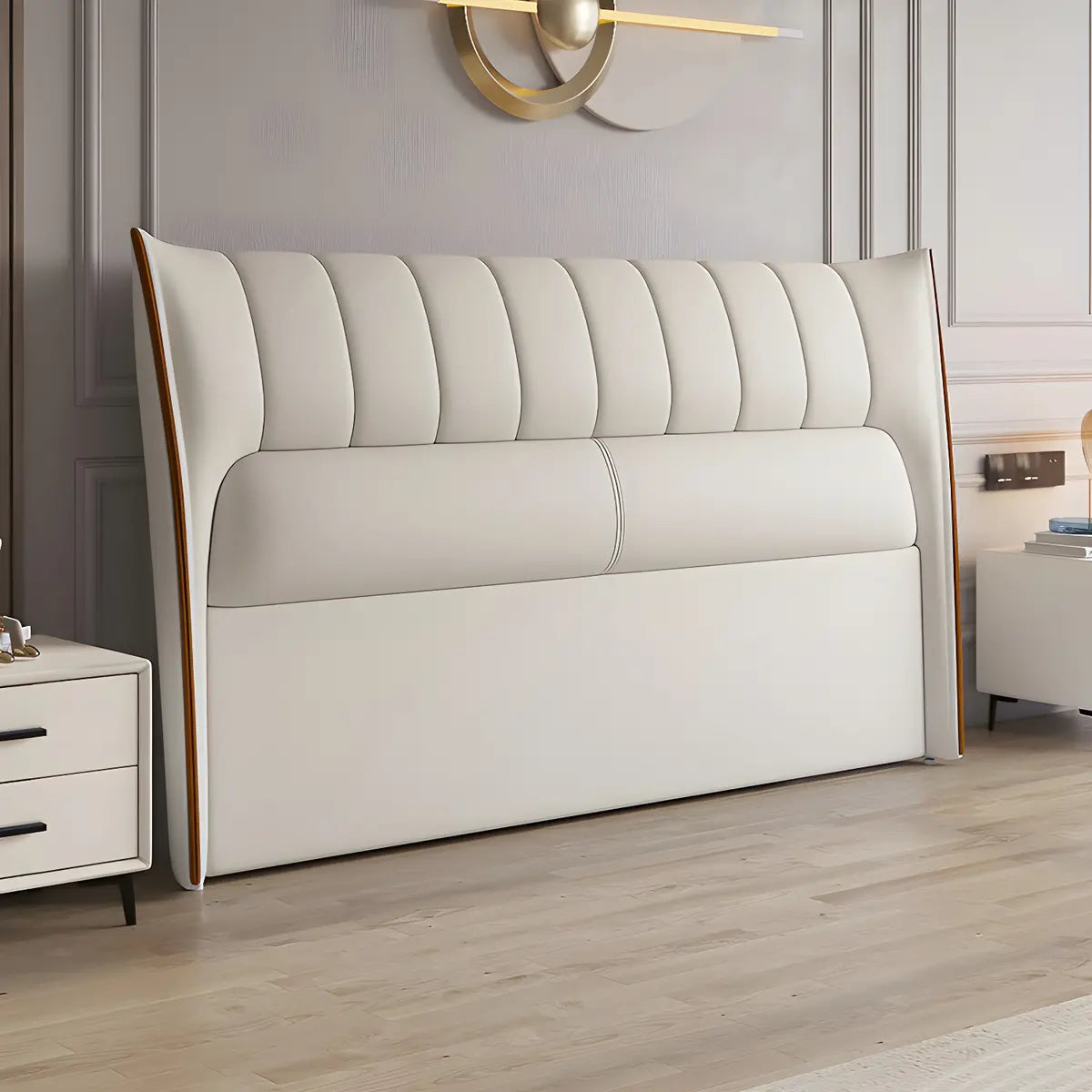 White Upholstered Wood Leg Wingback Headboard with Legs Image - 1