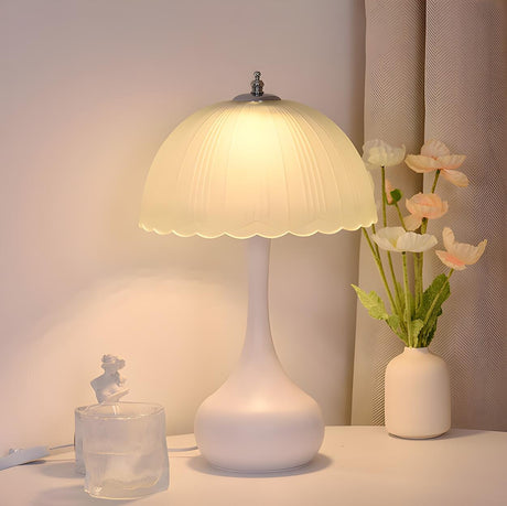 White Vase Base Umbrella Shade LED Bedside Table Lamp Image - 1