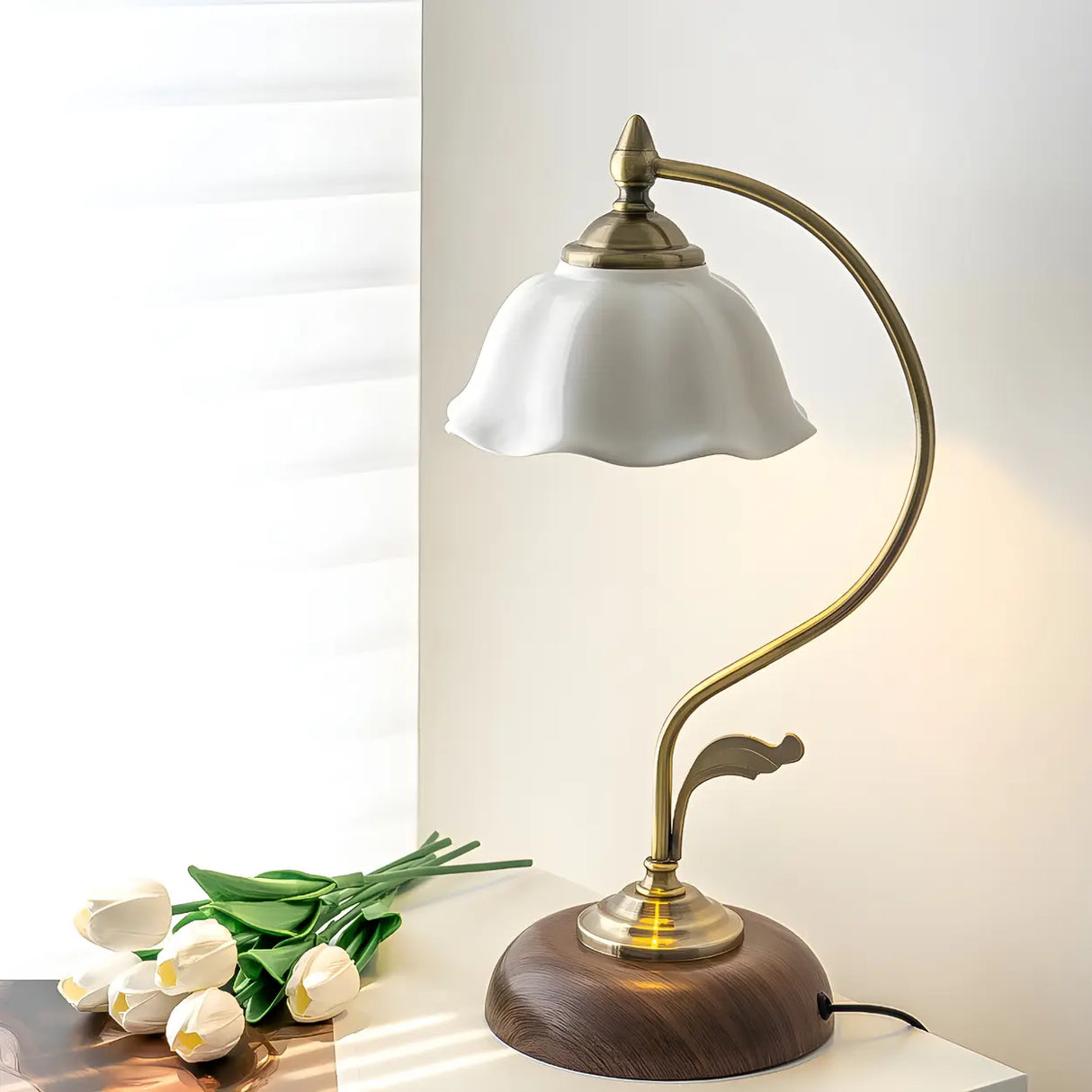 White Vintage Bell Shade Curved Bedroom Table Lamp Image - 3