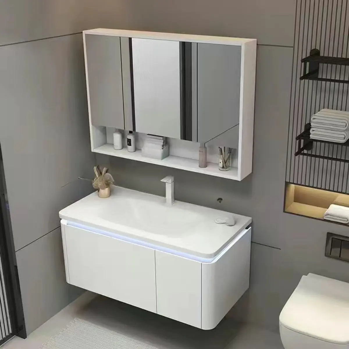 White Wall Mounted Acrylic Bathroom Vanity with Shelves Image - 1