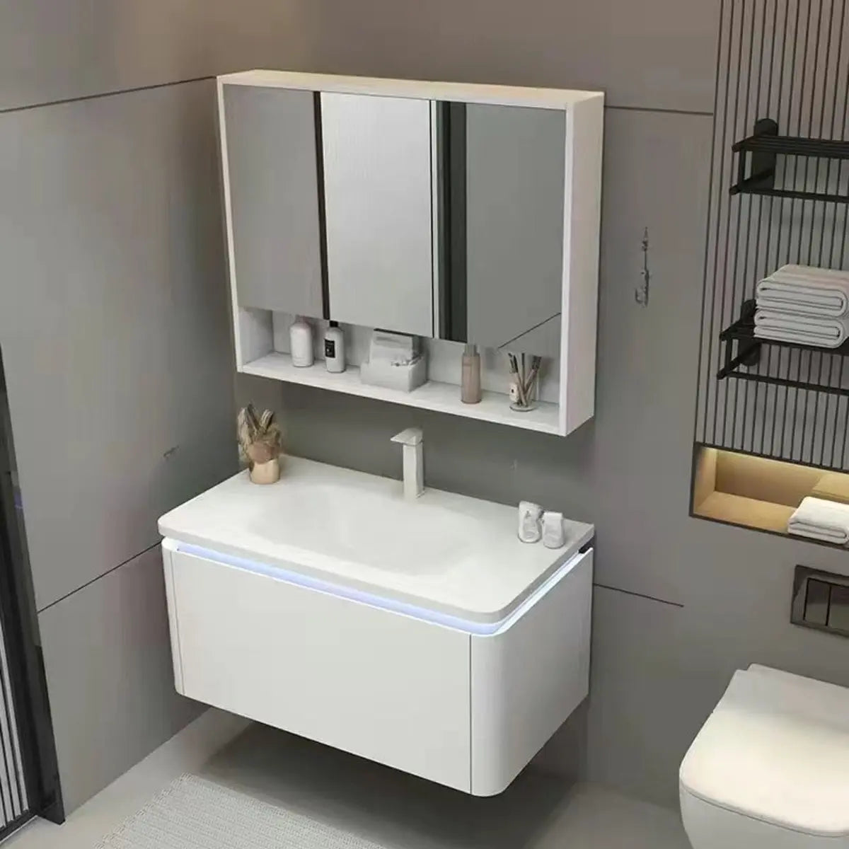 White Wall Mounted Acrylic Bathroom Vanity with Shelves Image - 3