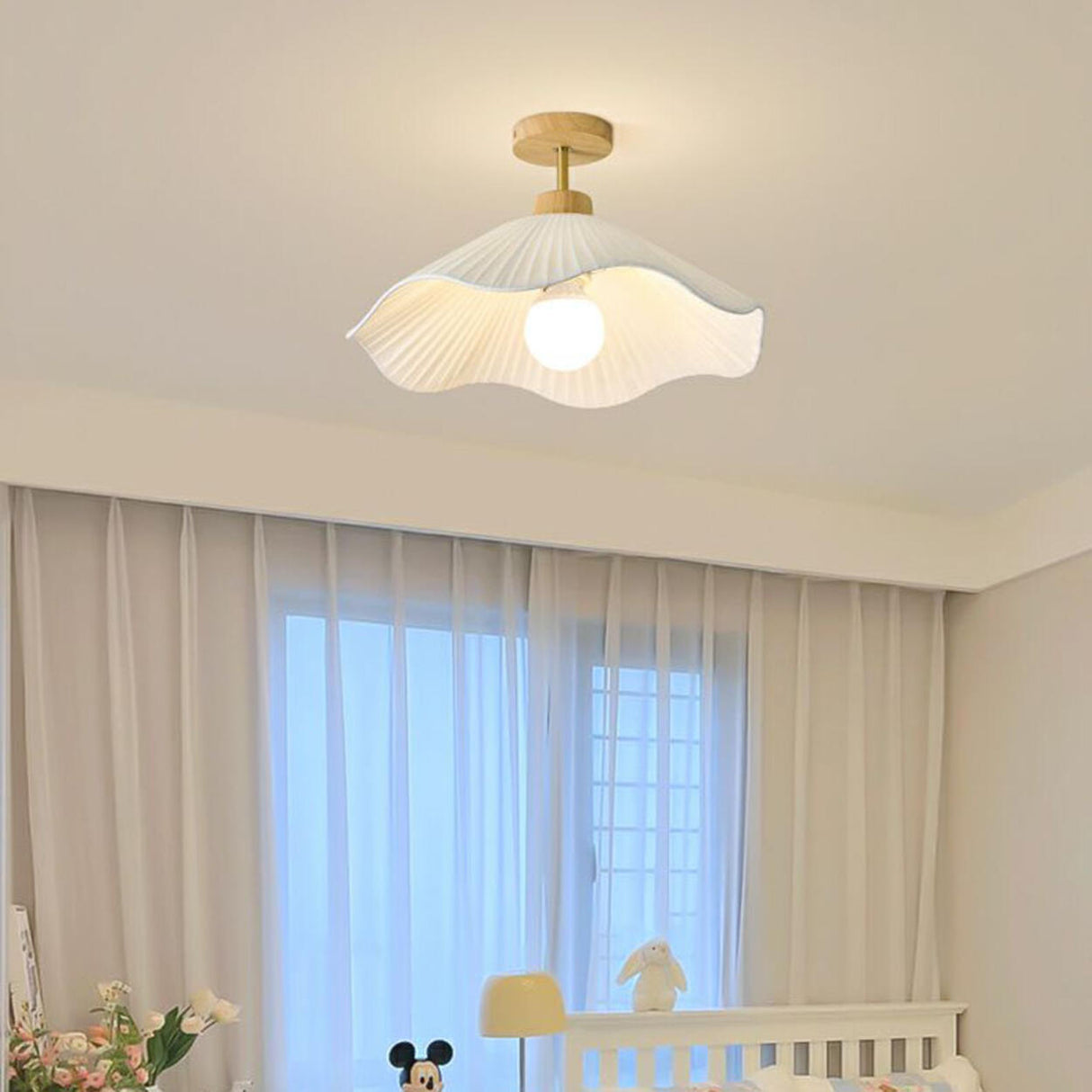 White Wave Flower Fabric Semi-Flush Mount Ceiling Light Image - 5