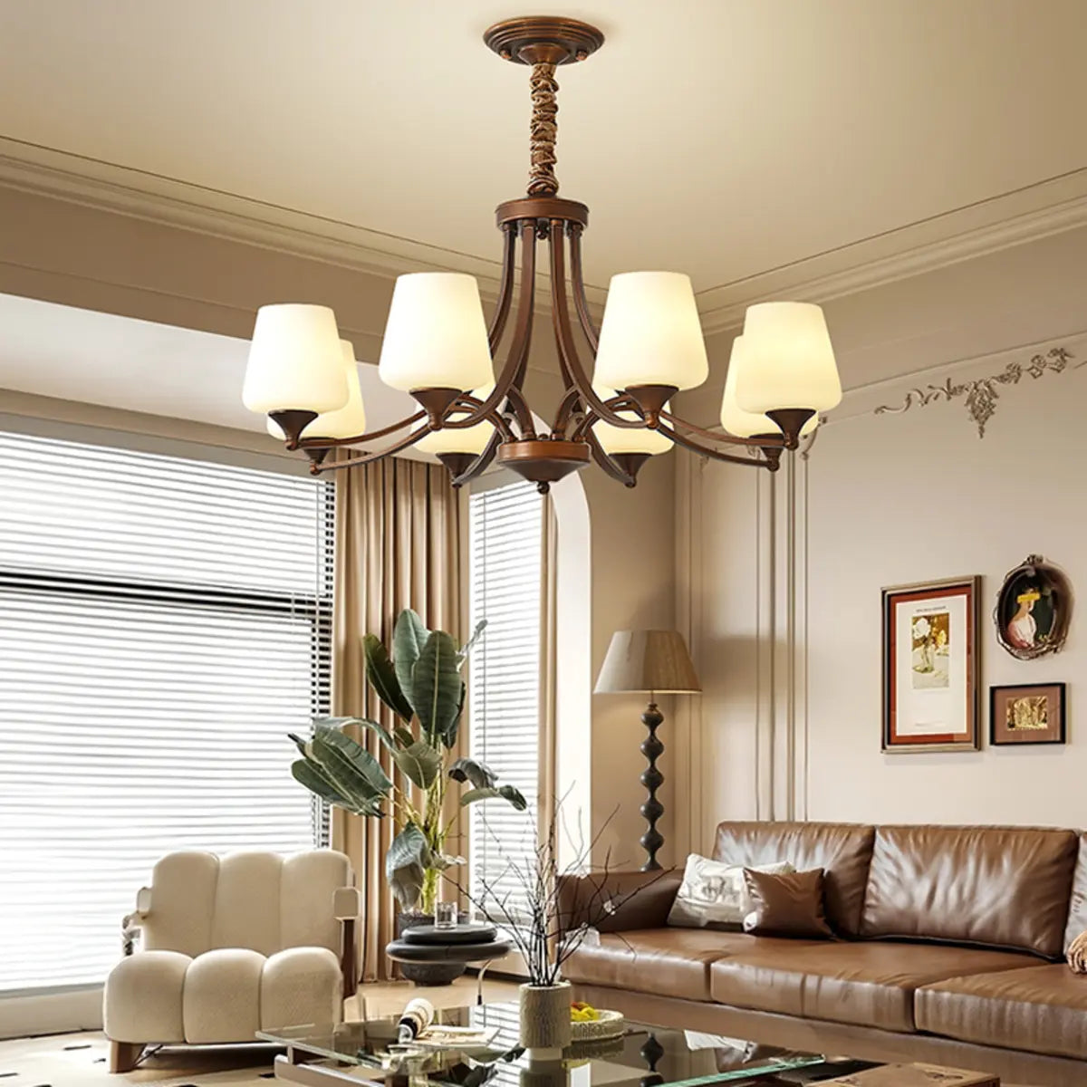 White Wine Glass Brown Branch Living Room Chandelier Image - 6