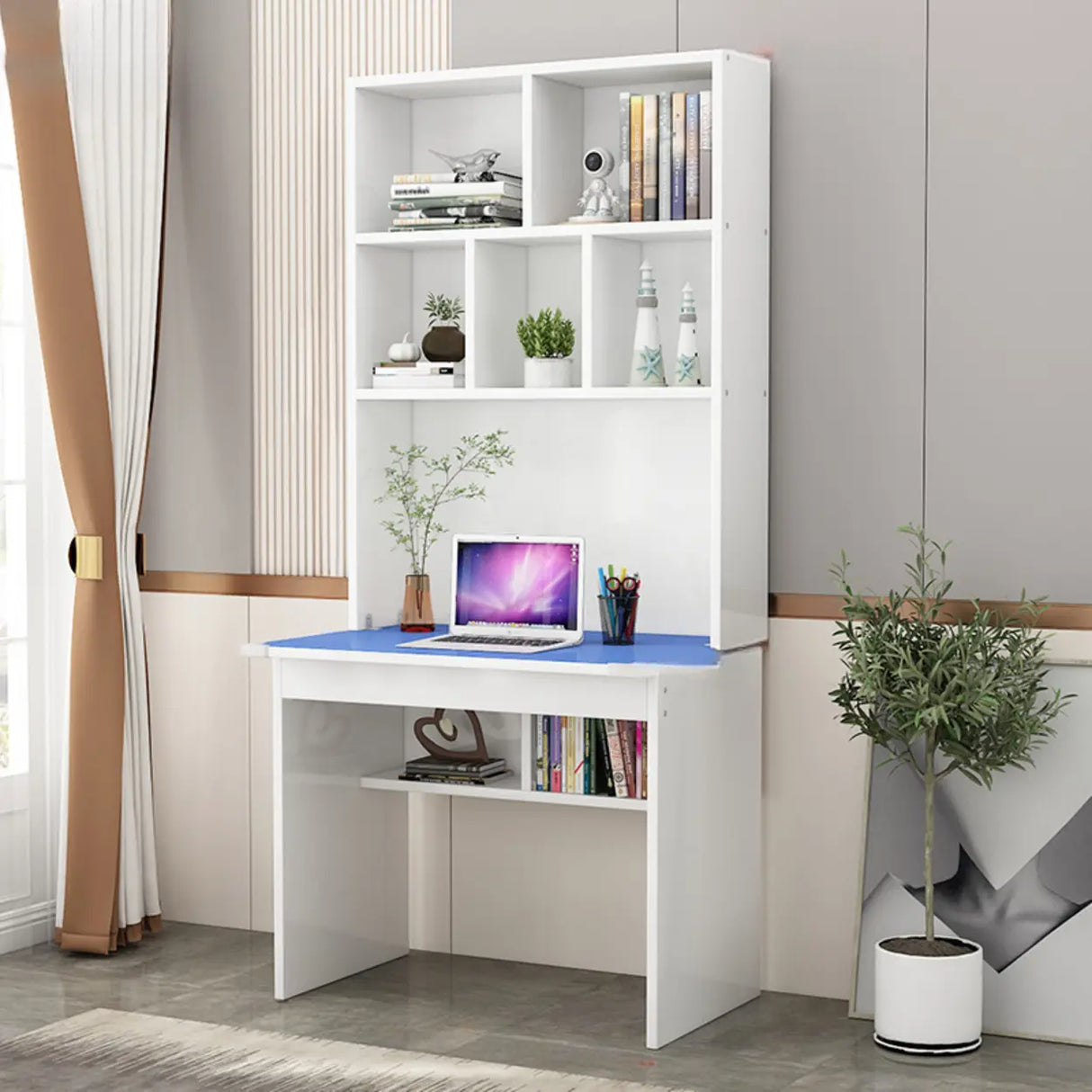 White Wood Cable Exterior Shelf Sled Computer Desk Image - 12