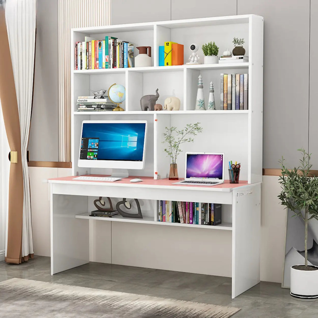 White Wood Cable Exterior Shelf Sled Computer Desk Image - 14