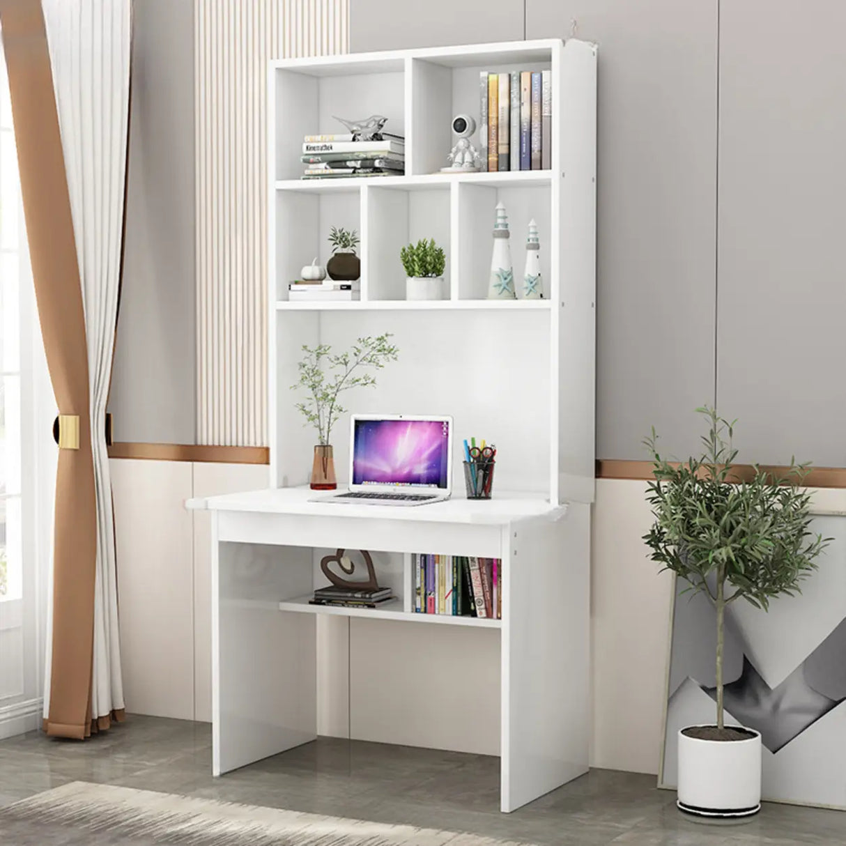 White Wood Cable Exterior Shelf Sled Computer Desk Image - 2