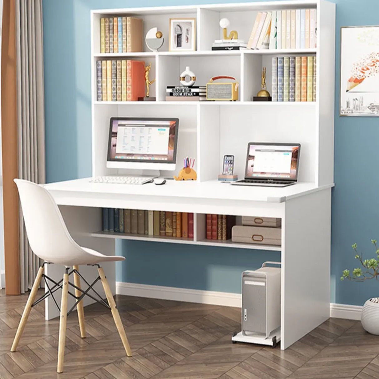 White Wood Cable Exterior Shelf Sled Computer Desk Image - 6