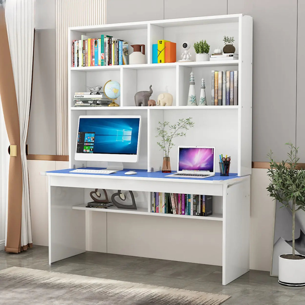 White Wood Cable Exterior Shelf Sled Computer Desk Image - 9