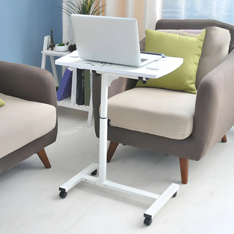 White Wood Casters Narrow Small T-Shape Standing Desk Image - 2