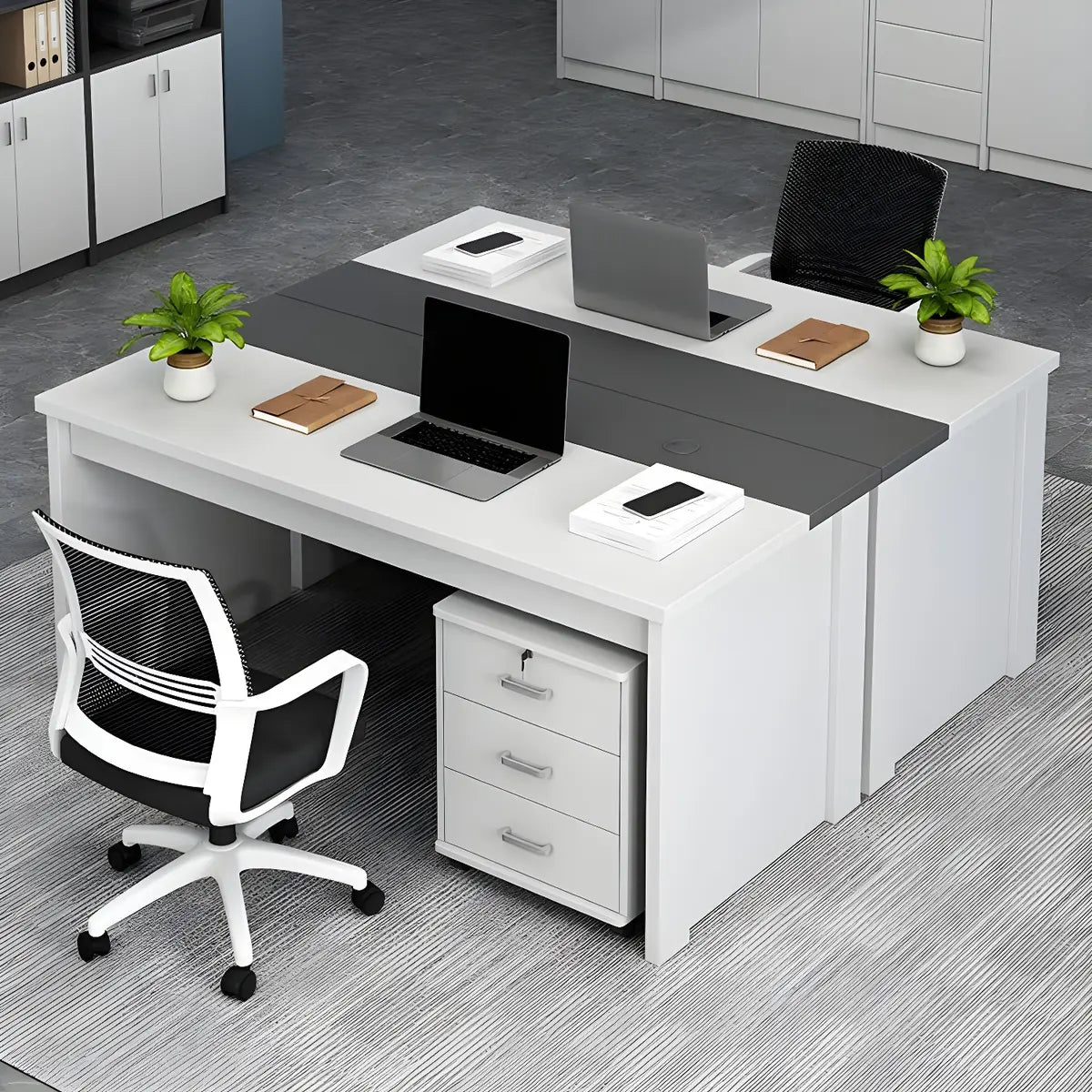 White Wood Drawers Cable Management Writing Desk Image - 1