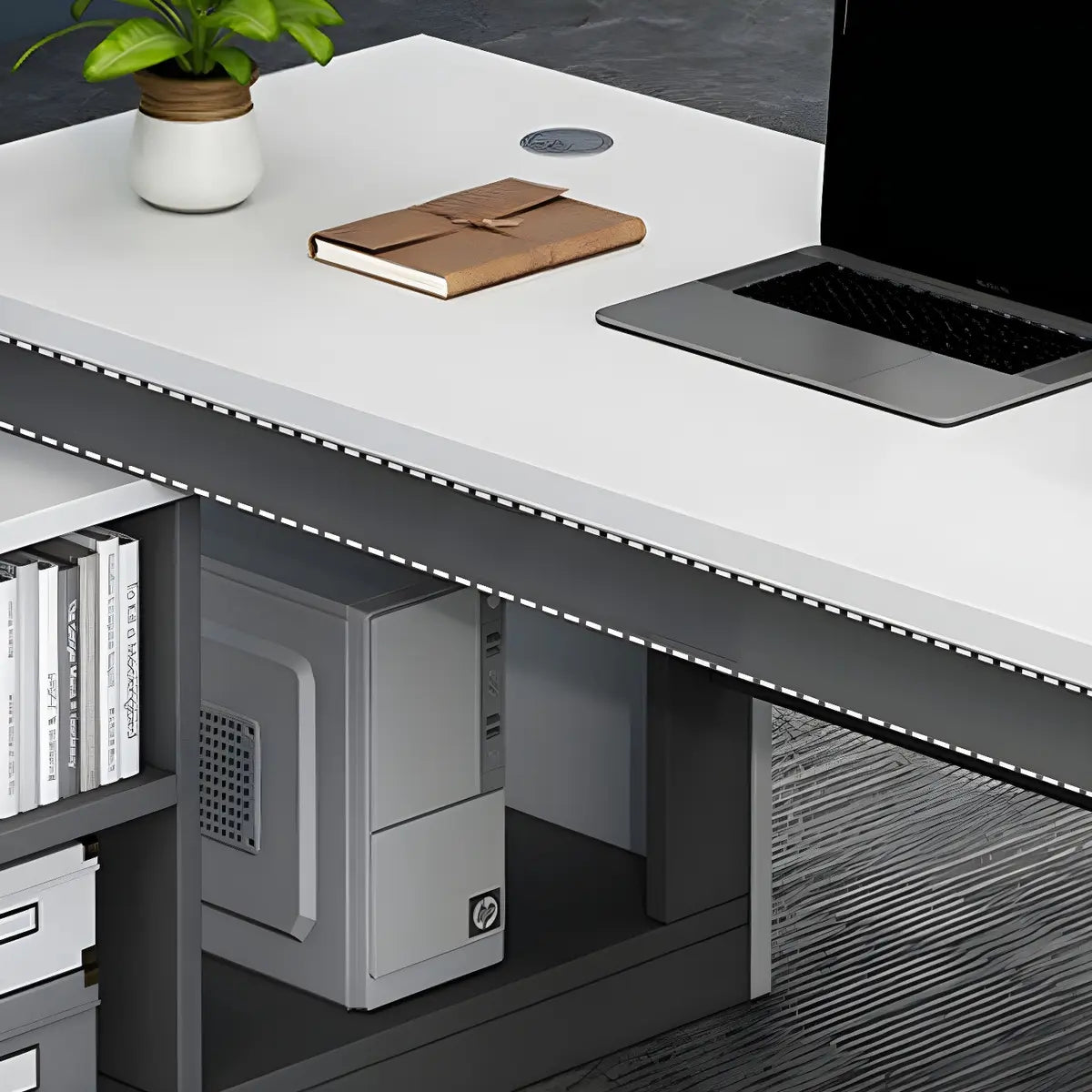 White Wood Drawers Cable Management Writing Desk Image - 11