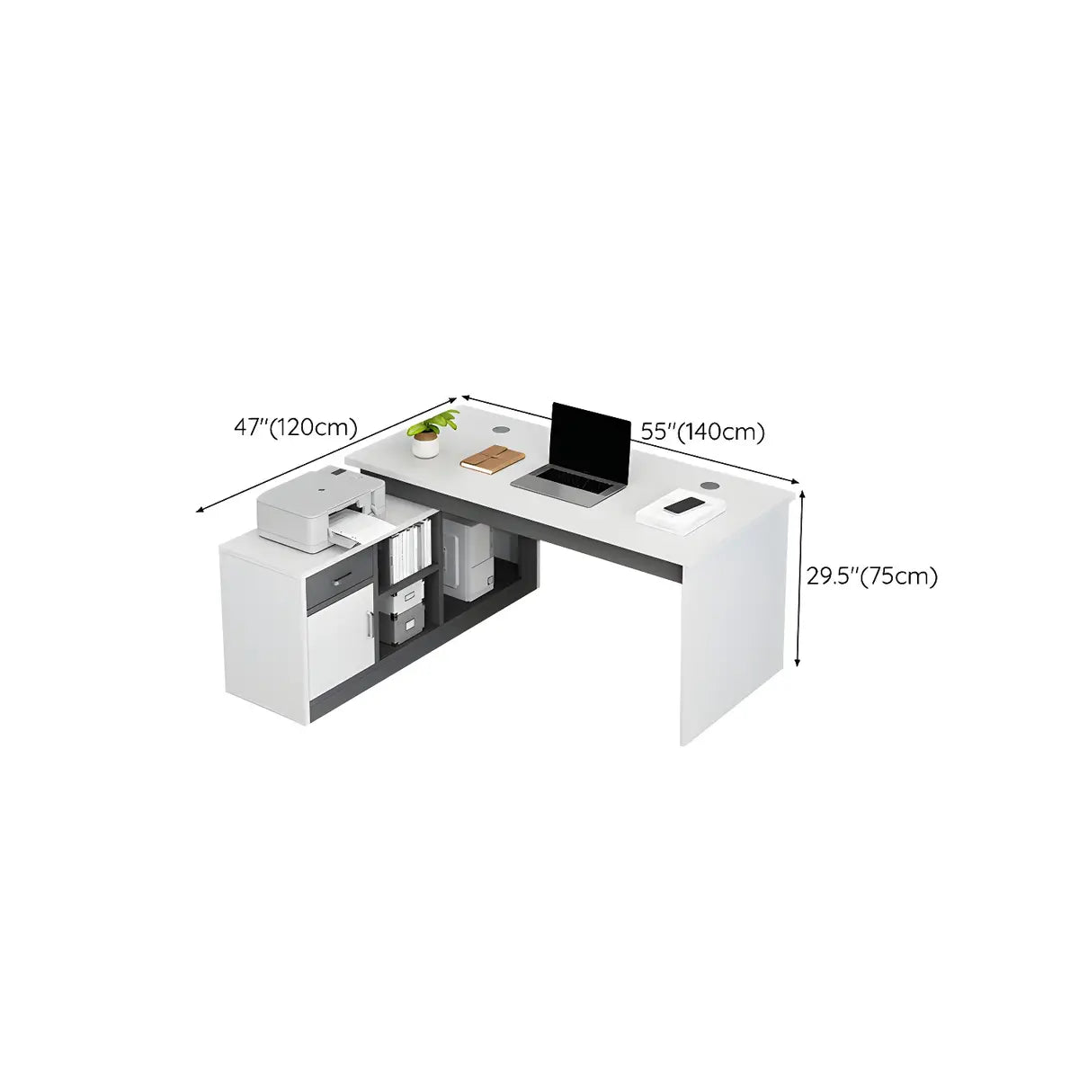 White Wood Drawers Cable Management Writing Desk Image - 14