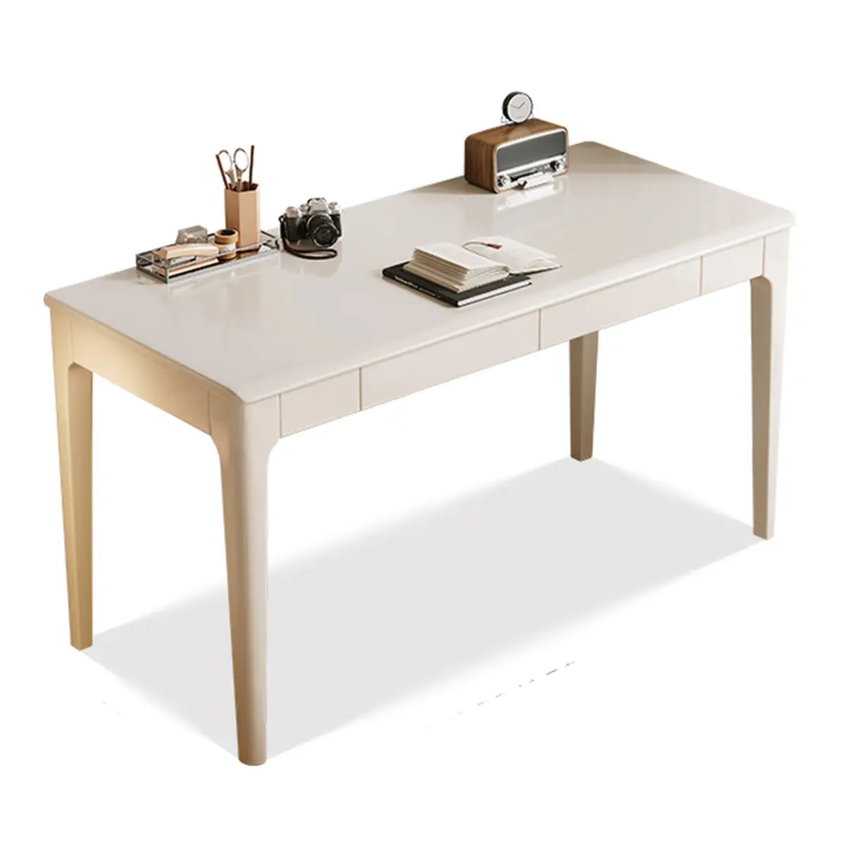 White Wood Drawers Rectangle Butcher Block Writing Desk Image - 5