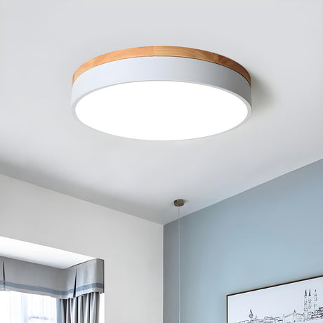 White Wood Drum Dimmable LED Flush Mount Ceiling Light Image - 1