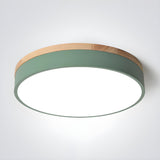 White Wood Drum Dimmable LED Flush Mount Ceiling Light Image - 11