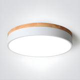 White Wood Drum Dimmable LED Flush Mount Ceiling Light Image - 12