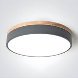 White Wood Drum Dimmable LED Flush Mount Ceiling Light Image - 13