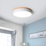 White Wood Drum Dimmable LED Flush Mount Ceiling Light Image - 18