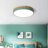 White Wood Drum Dimmable LED Flush Mount Ceiling Light Image - 19