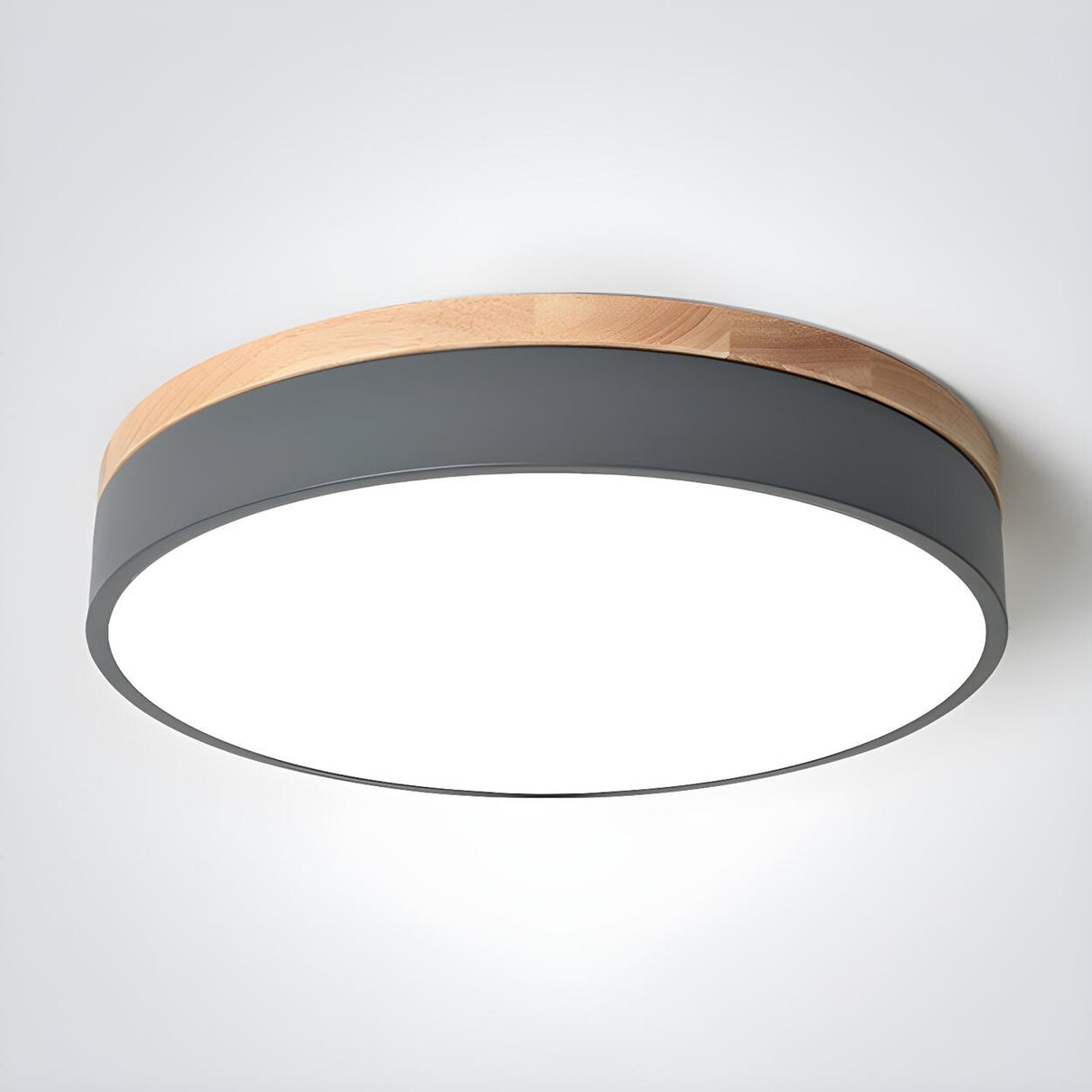 White Wood Drum Dimmable LED Flush Mount Ceiling Light Image - 2