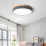 White Wood Drum Dimmable LED Flush Mount Ceiling Light Image - 4