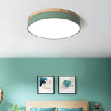 White Wood Drum Dimmable LED Flush Mount Ceiling Light Image - 6