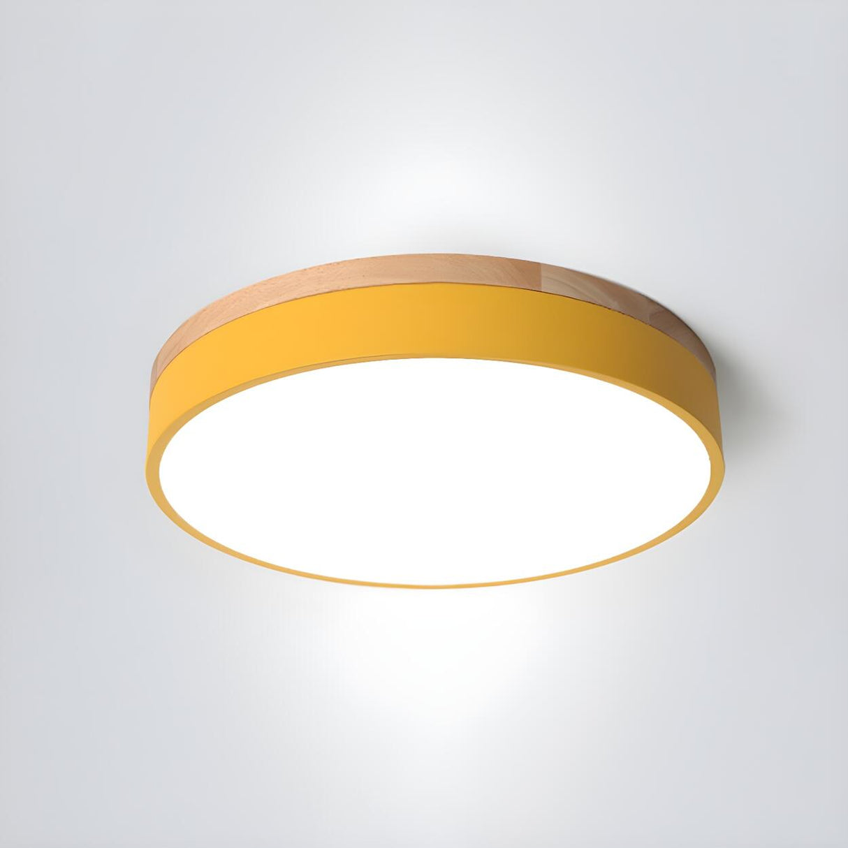 White Wood Drum Dimmable LED Flush Mount Ceiling Light Image - 7