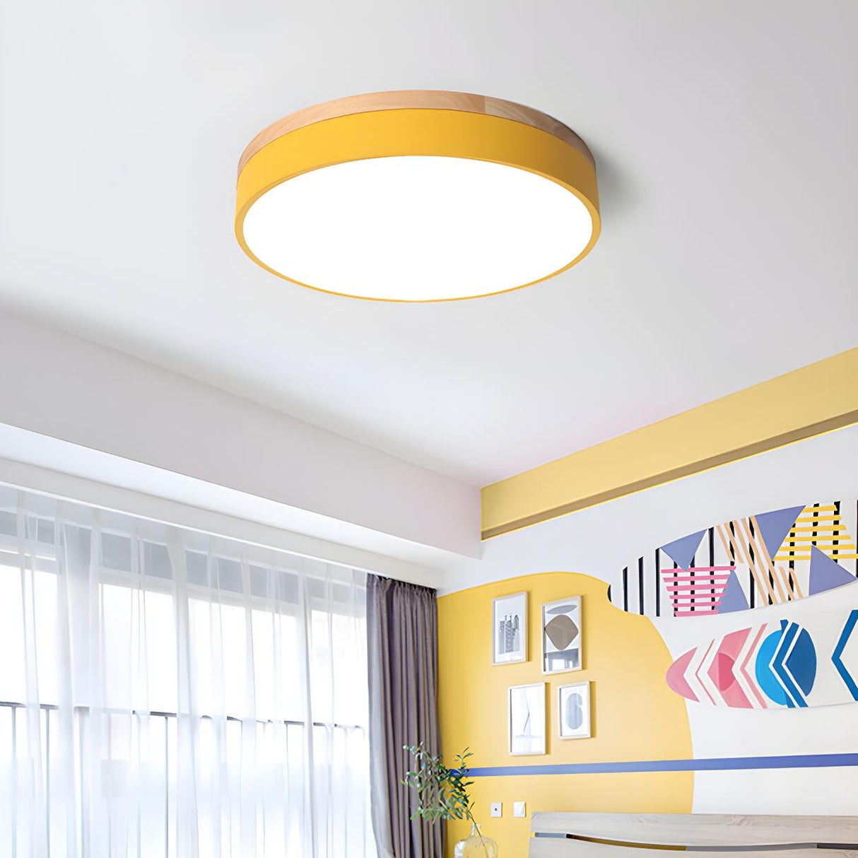 White Wood Drum Dimmable LED Flush Mount Ceiling Light Image - 8