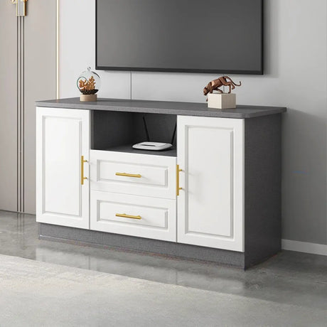 White Wood Open Storage Cabinet Rectangle TV Stand Image - 2