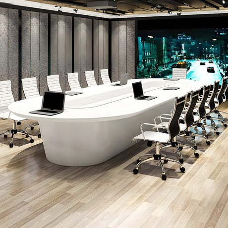 White Wood Oval Stainless Steel Base Conference Table Image - 1