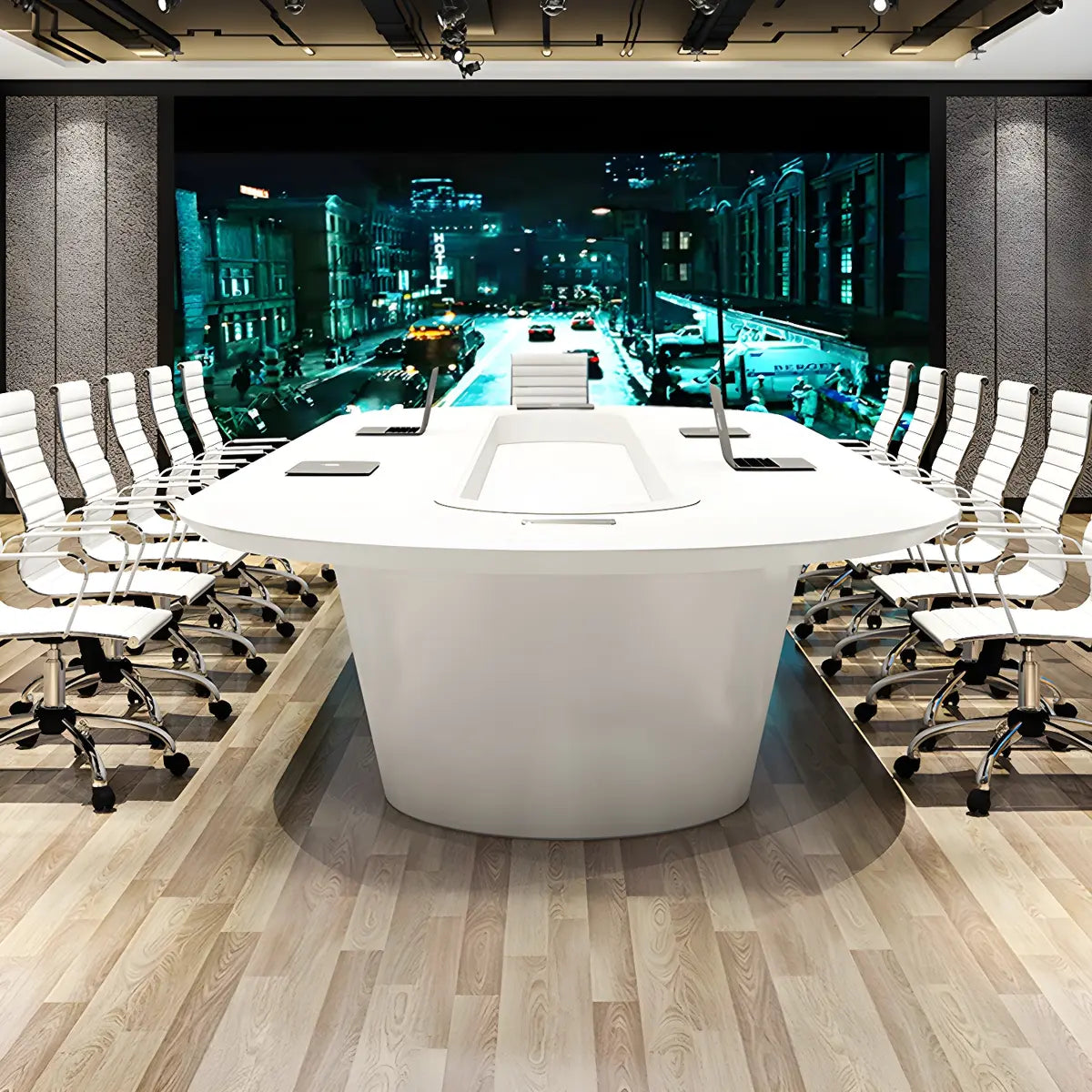 White Wood Oval Stainless Steel Base Conference Table Image - 2