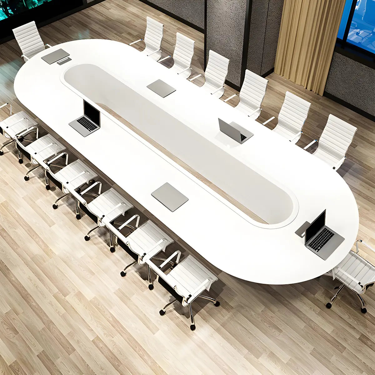 White Wood Oval Stainless Steel Base Conference Table Image - 4