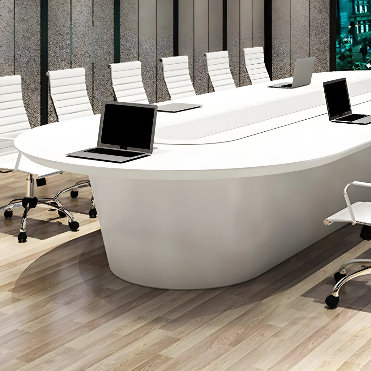 White Wood Oval Stainless Steel Base Conference Table Image - 6