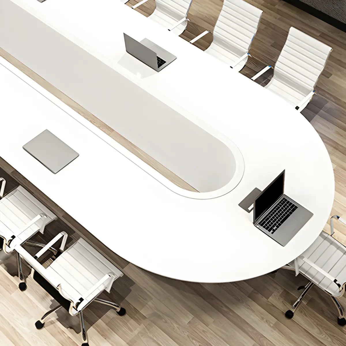 White Wood Oval Stainless Steel Base Conference Table Image - 8