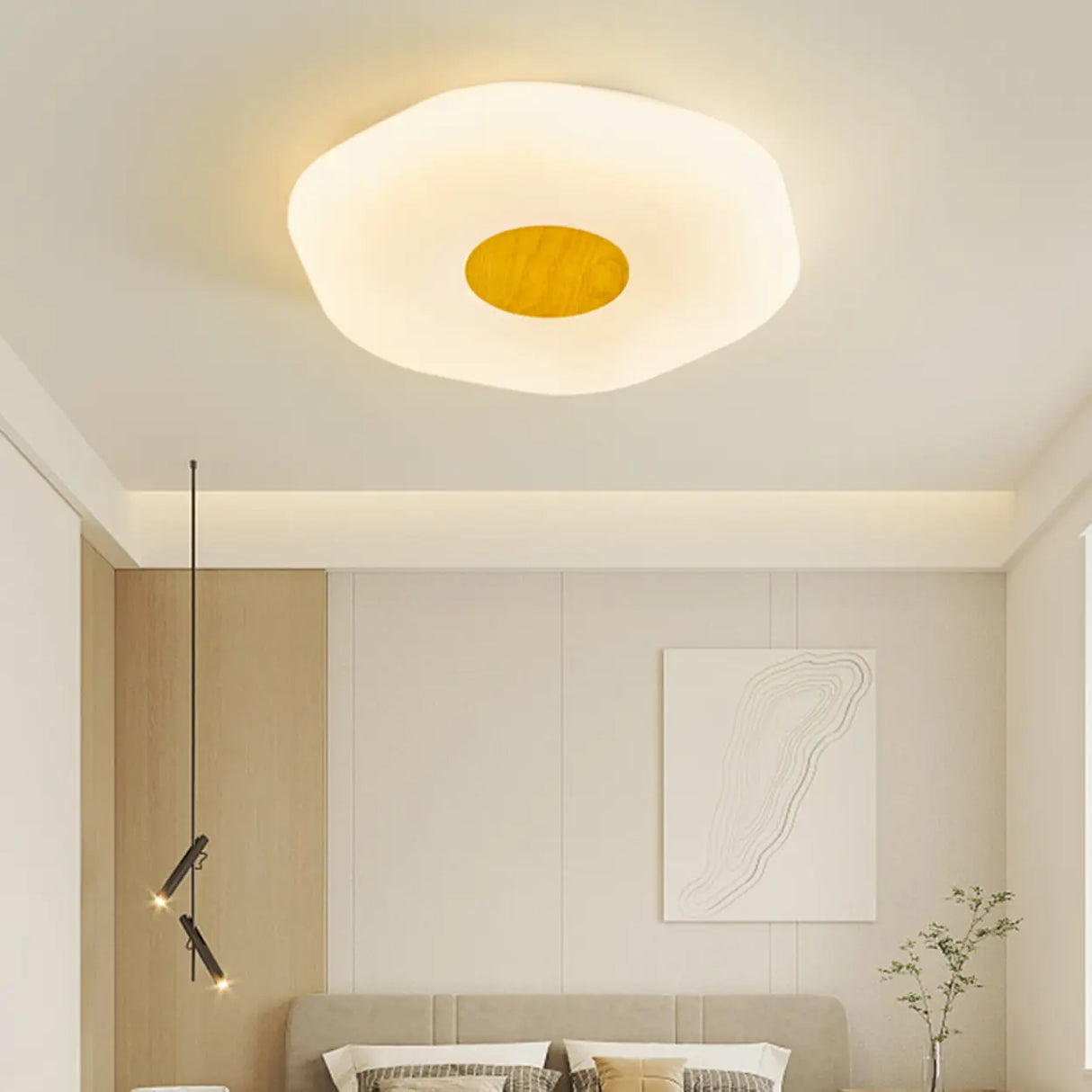 White Wood Poached Egg Shape LED Flush Mount Light Image - 1