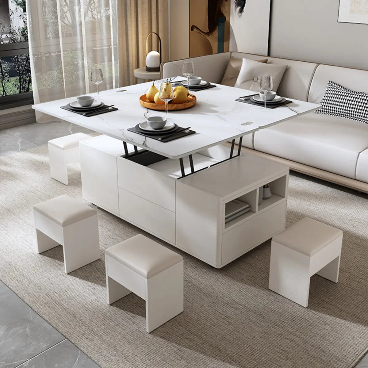 White Wood Rectangle Convertible Lift Top Coffee Table Image - 2