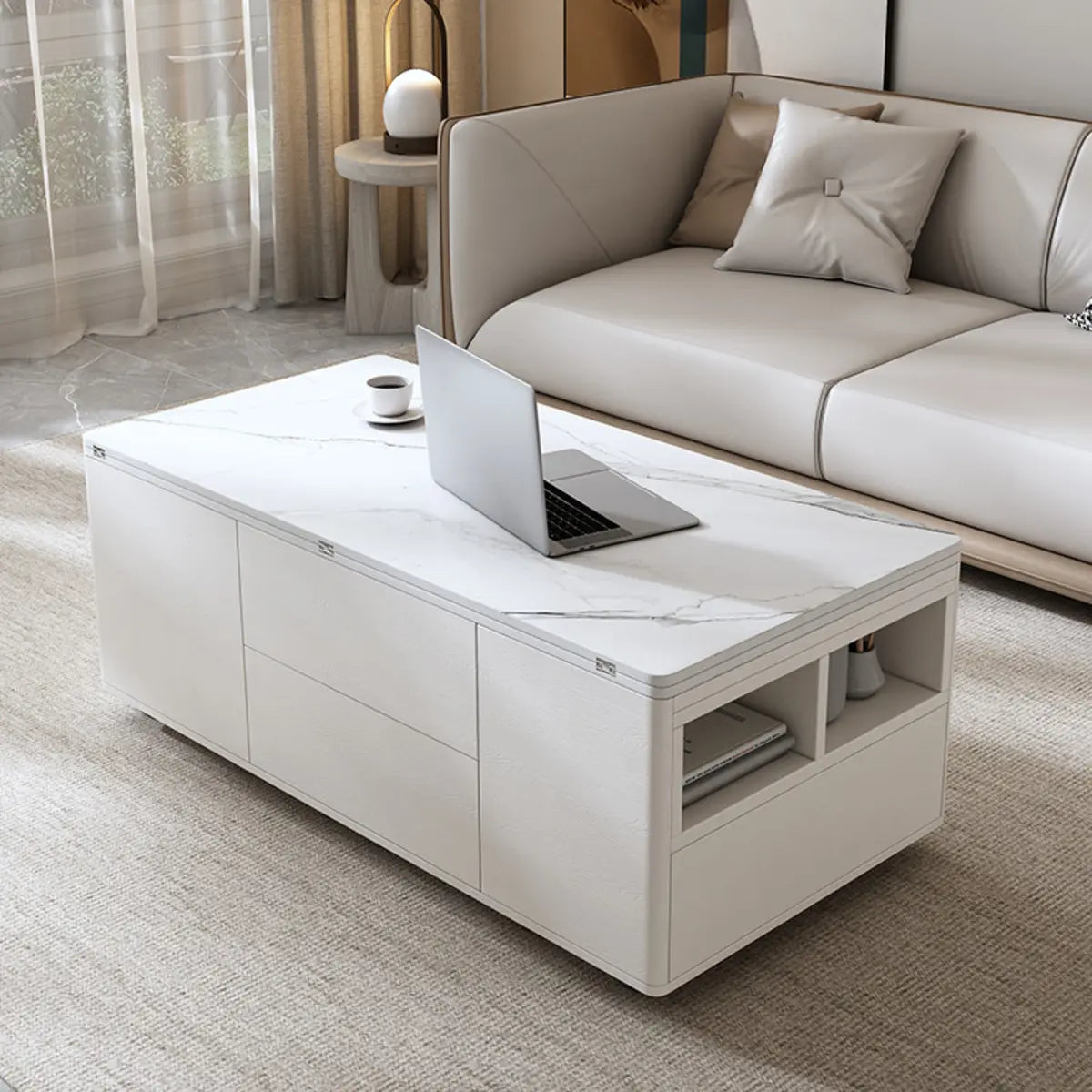 White Wood Rectangle Convertible Lift Top Coffee Table Image - 4