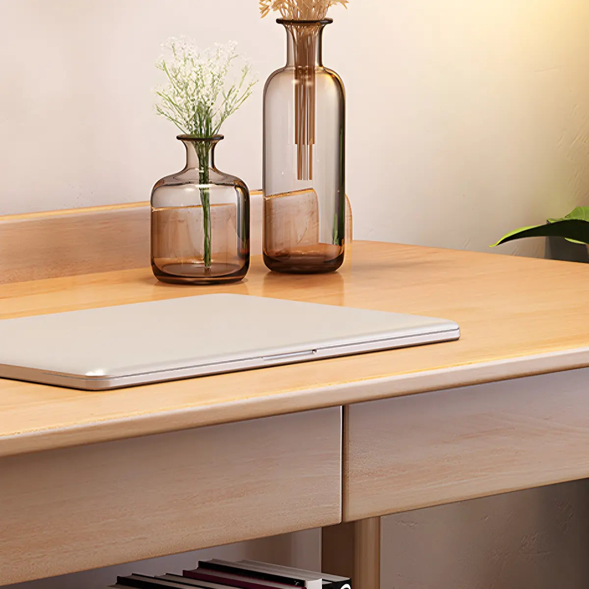 White Wood Rectangle Drawers Shelf H-Base Writing Desk Image - 13