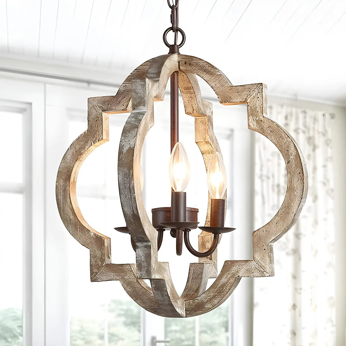 White Wood Small Candle Geometric Foyer Chandelier Image - 1