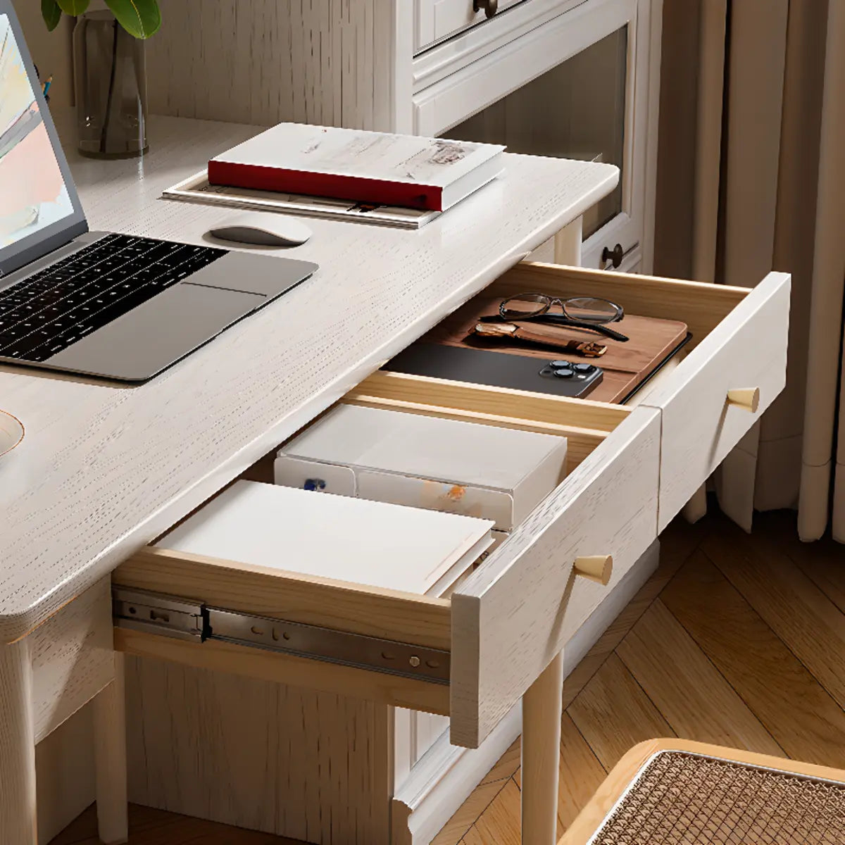 White Wood Soft Close Drawer Butcher Block Writing Desk Image - 7