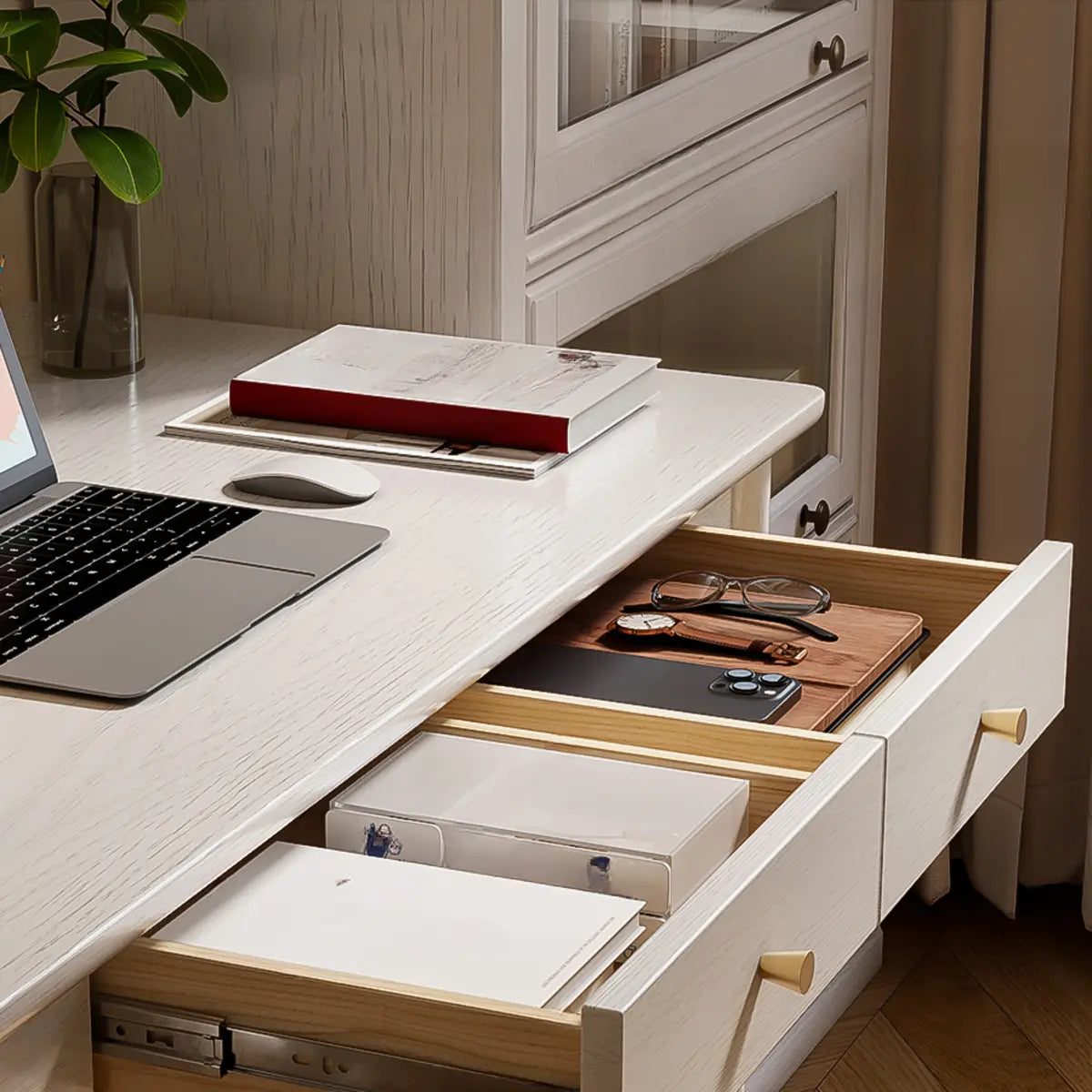 White Wood Soft Close Drawer Butcher Block Writing Desk Image - 9