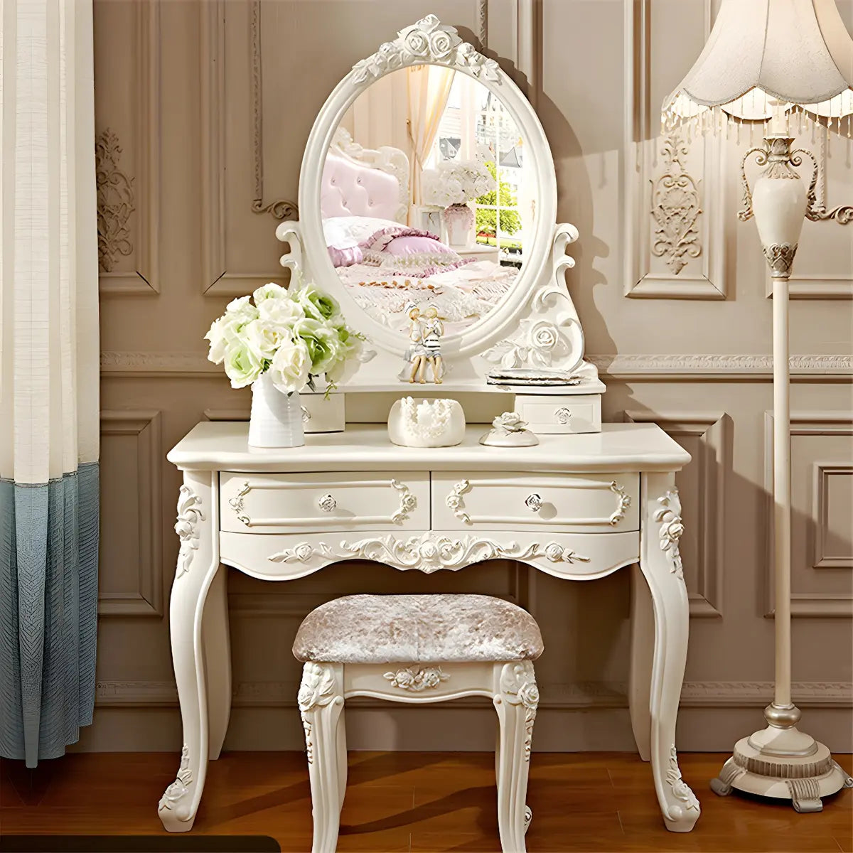 White Wood Standing Makeup Vanity with Drawers Mirror Image - 1