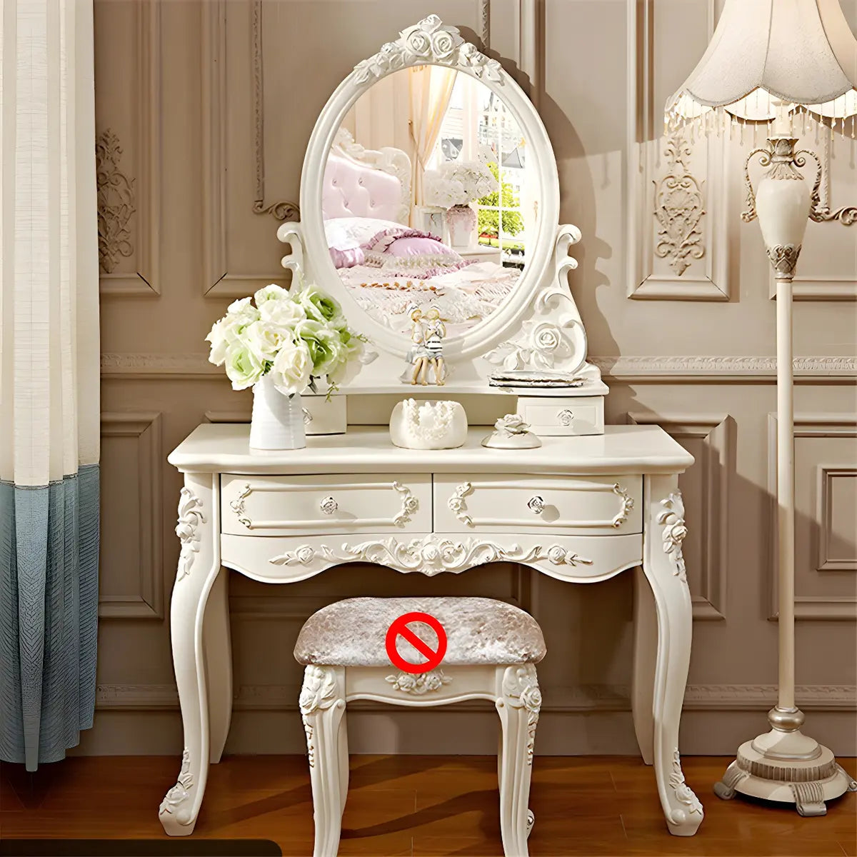 White Wood Standing Makeup Vanity with Drawers Mirror Image - 2