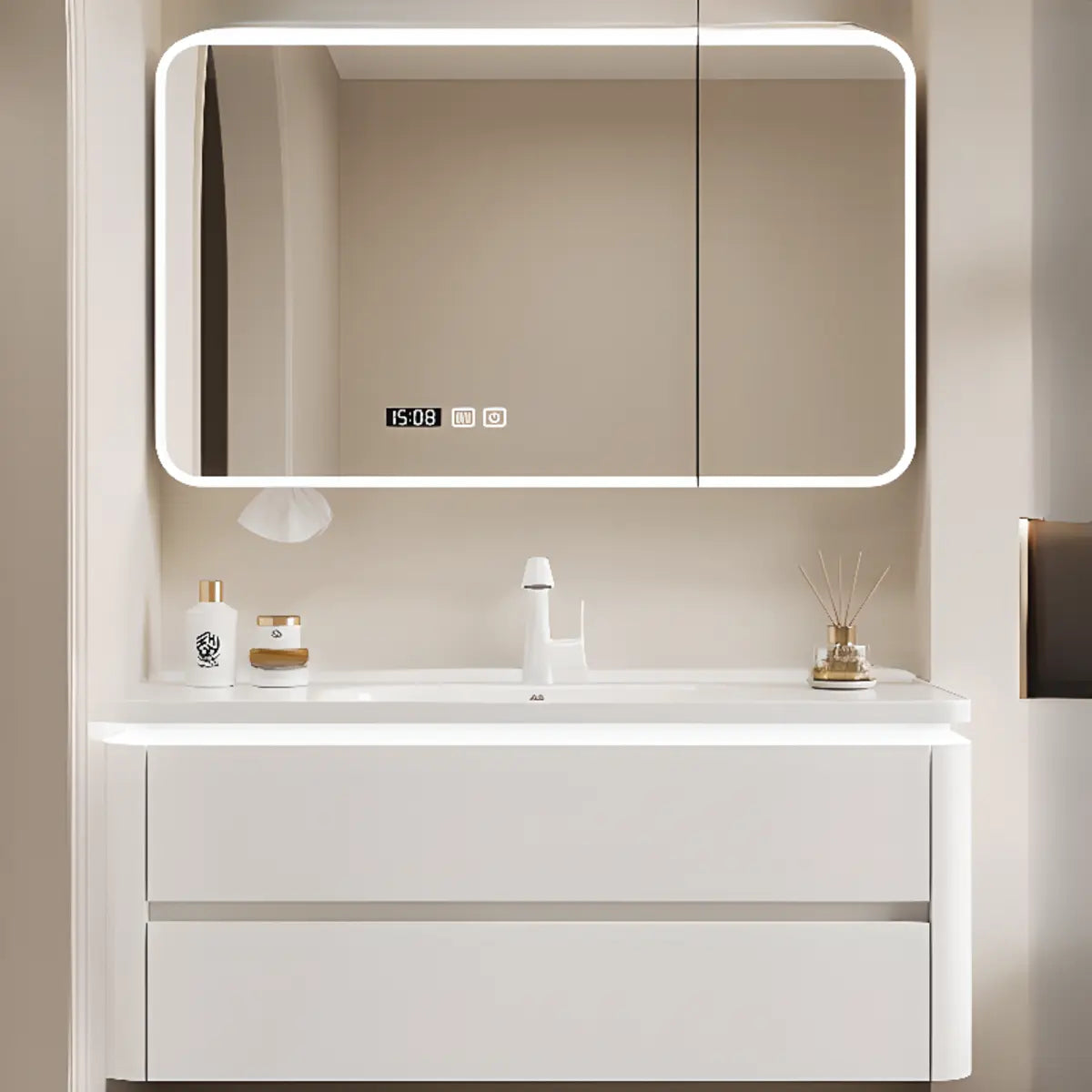 White Wood Storage Bathroom Vanity with Mirror and Drawers Image - 10